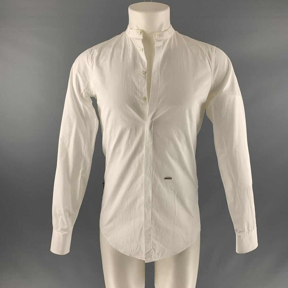 DSQUARED2 Size XS White Solid Cotton Nehru Collar Long Sleeve Shirt